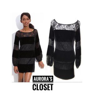 Laundry 0 Black Velvet Stripe Lace Mini Dress Banded Ballon Long Sleeve